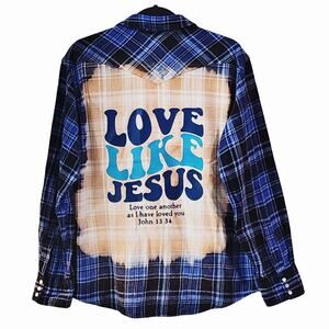 Love Like Jesus Custom Upcycled Plaid Flannel Shirt, Women's L